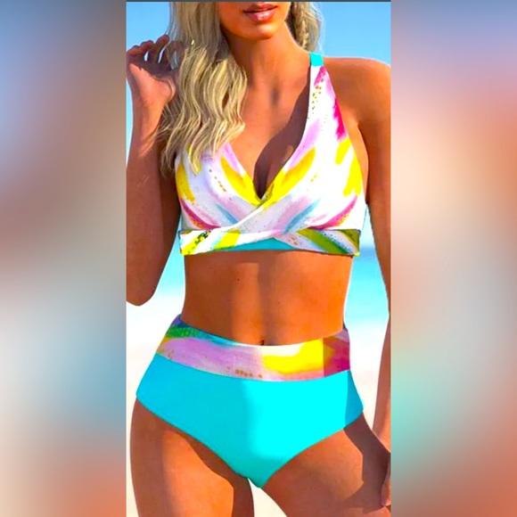 New Yellow Stripe Tye Dye Front Bikini Set Sz S - Picture 3 of 6